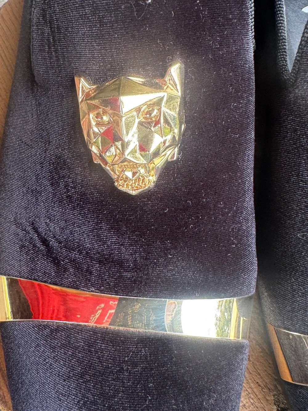 Royal Black Velvet Loafers with Gold Panther Accent ~ Smoking Slippers